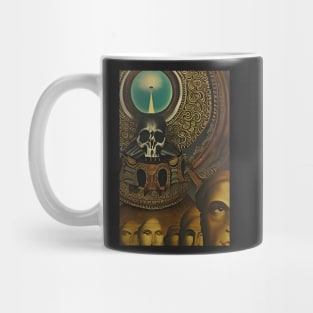 Surrealist painting like digital art of a Skull receiving light and a line of humans Mug